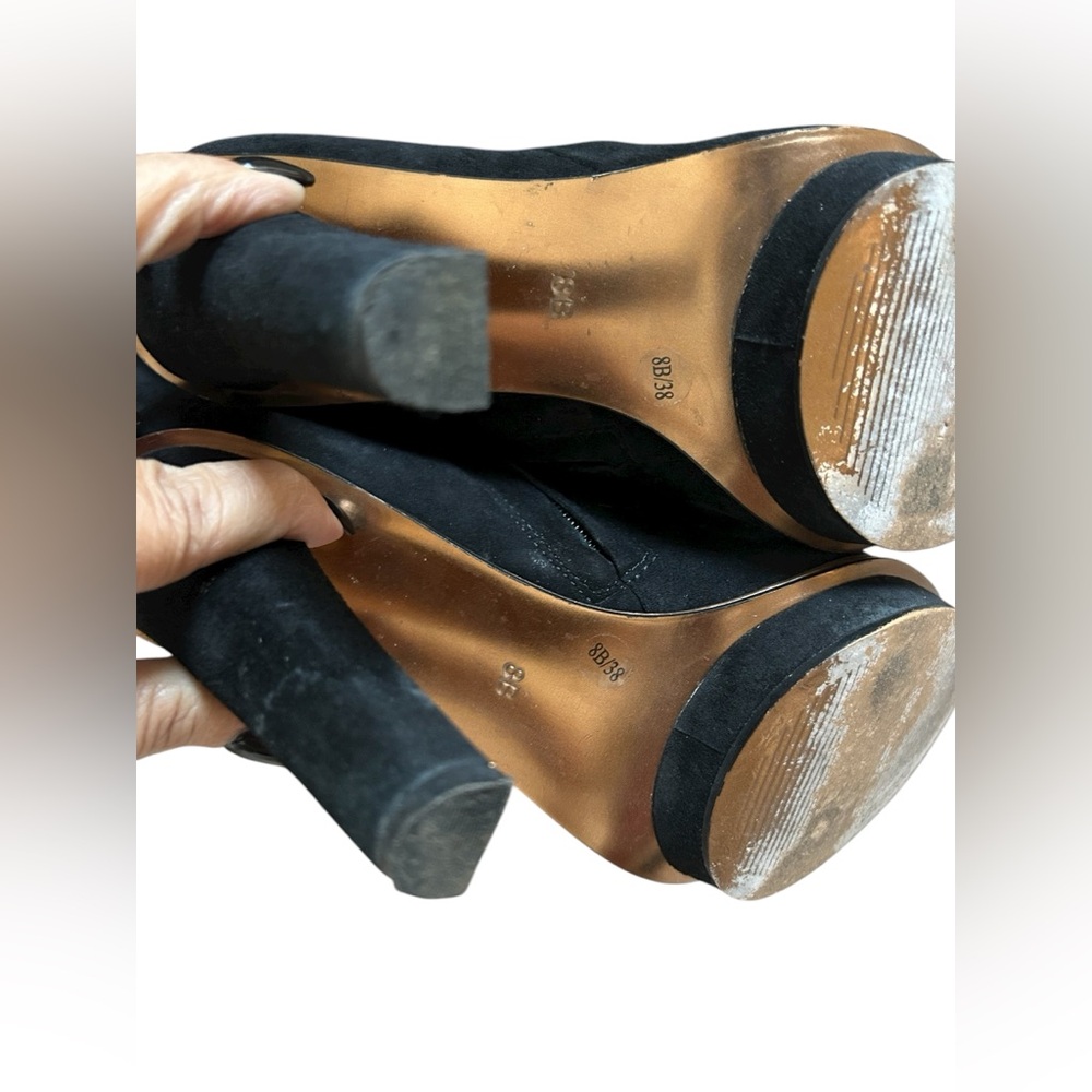 BCBGMaxAzria Elegant Black Suede Heeled Boots Trimmed with Gold Great Preowned - Picture 11 of 14